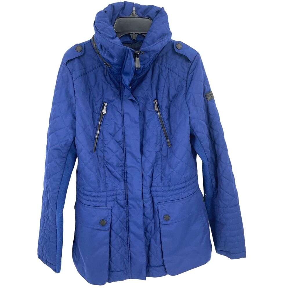 BCBG Blue Quilted Jacket Womens Size Small Pockets Hooded